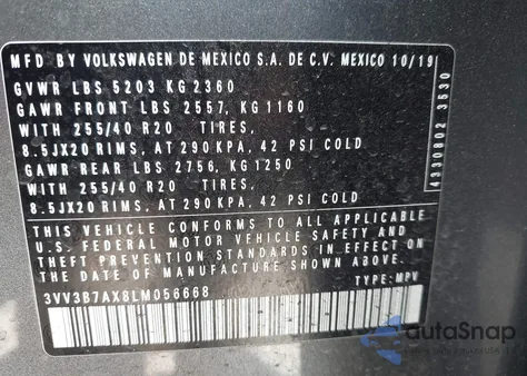 2020 Volkswagen Tiguan 2.0T Se/2.0T Se R-Line Black/2.0T Sel from USA, damaged, VIN 3VV3B7AX8LM056668